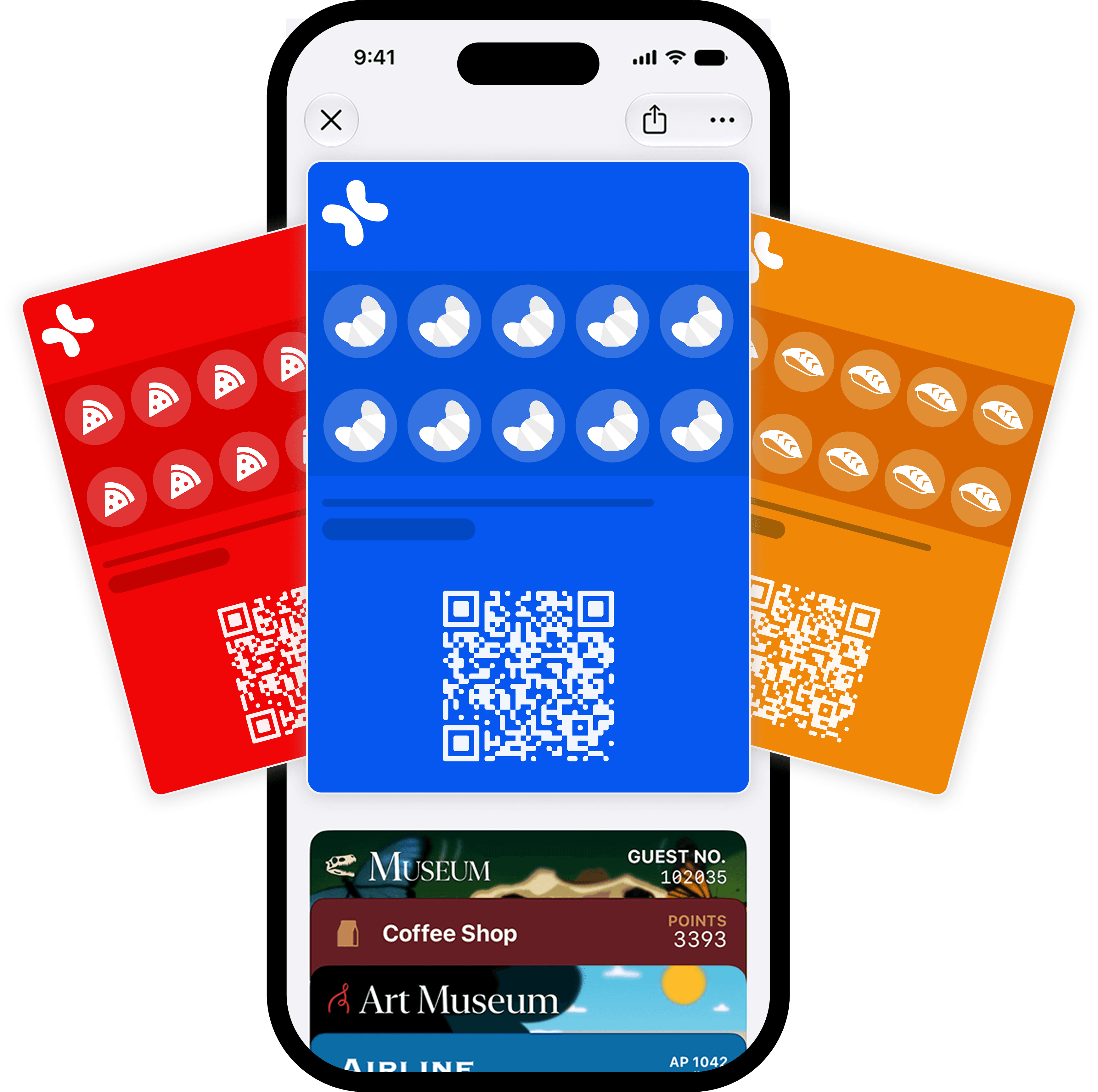Tre carte fedeltà Stampeo colorate davanti a uno smartphone con Apple Wallet